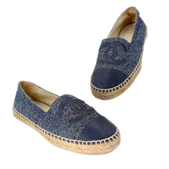 Chanel Espadrille 38 Wool Blue Tweed Cap Toe Cc Sandals CC-S0207P-C038 - Picture 1 of 11